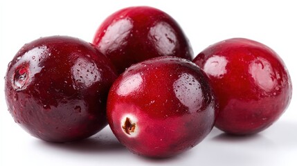 Fresh red cranberries with water droplets on a white background