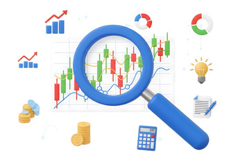 Obraz premium Financial analysis with magnifying glass on transparent background