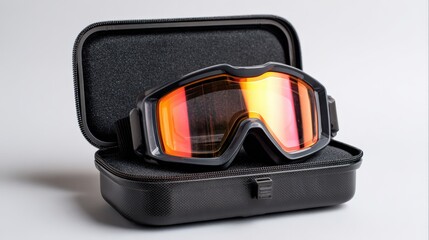 Protective goggles with reflective lenses in hard case for outdoor sports activities