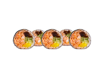 Shrimp maki sushi roll with cucumber, takuan and eel sauce

Japanese shrimp vegetable roll with yellow radish and sauce

Classic shrimp maki with cucumber, takuan and eel sauce
