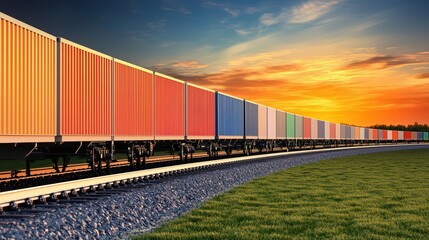 Fototapeta premium transporting cargo concept. Colorful freight train moving through a scenic landscape at sunset with vibrant skies and lush green fields nearby