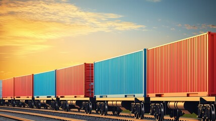 Obraz premium transporting cargo concept. Colorful freight containers on railway cars against a beautiful sunset sky with vibrant clouds and warm hues