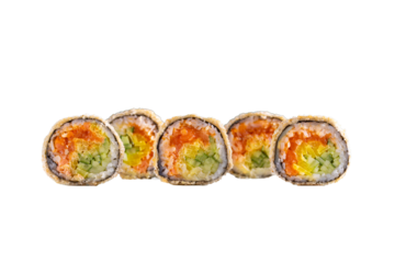 Tempura sushi roll with salmon, avocado, cucumber and takuan

Crispy uramaki roll with salmon and vegetables

Deep fried tempura sushi roll with salmon and avocado
