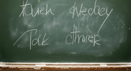 Chalkboard with foreign words written on it education language learning