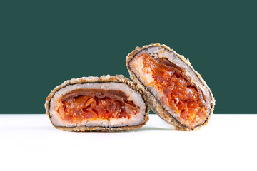 Crispy sushi burger with spicy tuna filling

Japanese sushi burger with tuna and rice

Fried sushi burger with spicy tuna