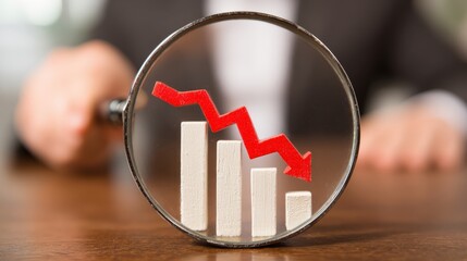 Statistical data visualized with a downward trending arrow, highlighting negative financial performance; the illustration depicts a decrease in sales or profits, examined with a magnifying glass.