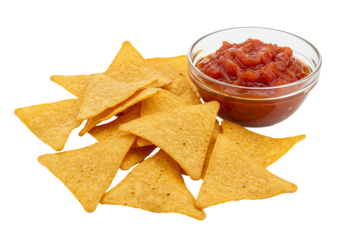 Tortilla chips with salsa in glass bowl
