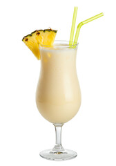 Tropical cocktail with pineapple garnish and straws isolated