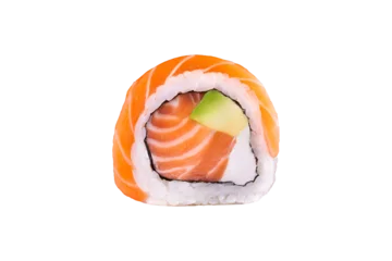 Fotobehang Sushi bar Double salmon philadelphia sushi roll with avocado and cream cheese  Uramaki roll with salmon topping and salmon inside  Classic philadelphia sushi with salmon, avocado and cheese   © Mykhailo Feriukov