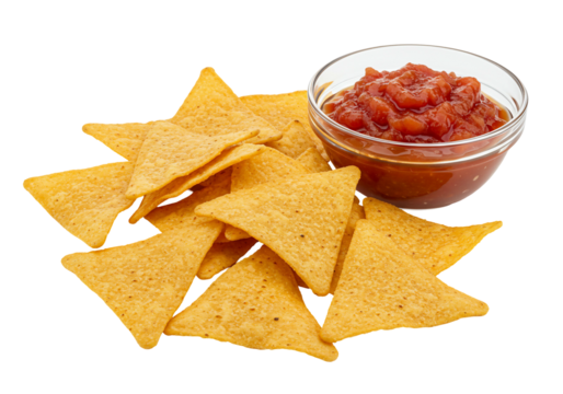 Tortilla chips with salsa in glass bowl