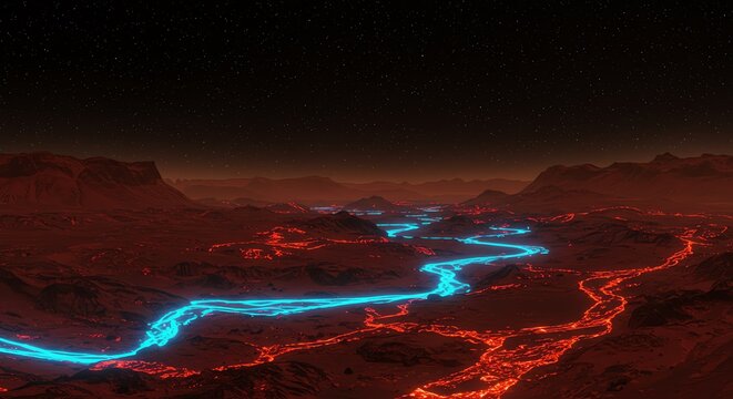 Alien Planet Landscape Red Desert Riverbed Glowing Lava Future Tech