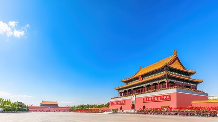 Scenic View of Tiananmen Square and the Gate of Heavenly Peace Under a Clear Blue Sky in Beijing, China
