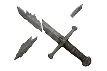 Broken broadsword with shattered blade pieces on transparent background