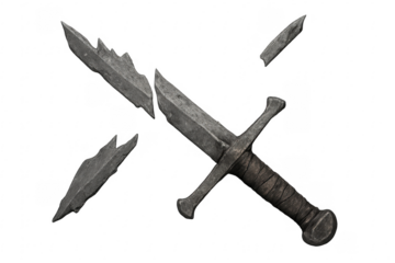 Broken broadsword with shattered blade pieces on transparent background