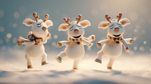 Cartoon-style reindeer dancing in falling snow, wearing colorful scarves with expressive faces. Soft pastel colors, gentle backlight sparkles, and a stylized 2D look create a cheerful winter holiday