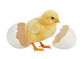 Fototapeta premium Yellow chick emerging from eggshell studio shot