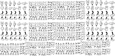 Retro cartoon legs and hands. Vintage hand, foot and f. Hands with gloves and feet with boots, various poses for characters, a set of poses, gestures, placement of hands and feet. Body parts mascot.