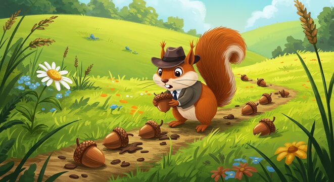 Cartoon Squirrel in Suit Shares Acorns on Sunny Day Nature Illustration