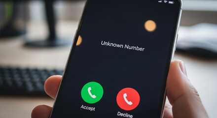 Worried about scam calls? Incoming call from unknown number displayed on a smartphone, potential fraud or telemarketing concept with a modern device