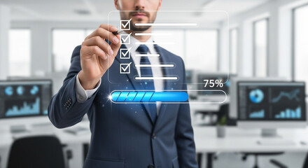 Professional businessman completing digital checklist with progress bar and 75% completion in modern office setting, symbolizing project success.