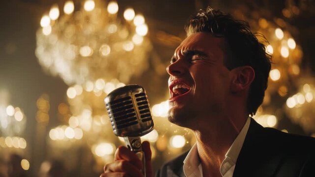 Handsome male singer performing a romantic song with emotion into a retro microphone during a live concert, with elegant sparkling chandeliers creating a beautiful bokeh background