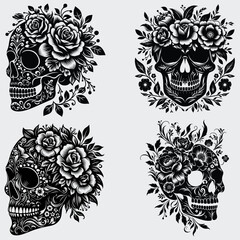 Obraz premium Floral Skull Head Vector SVG Bundle, Skeleton SVG, Skull Head SVG, Floral Skull Head SVG, Silhouette, Vector, Flower, Cutting File For Cricut