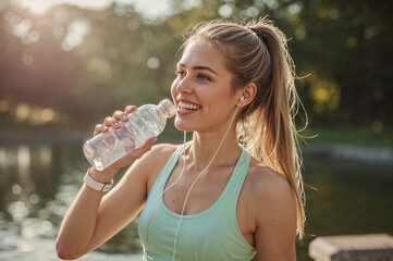 Young woman hydrating with water after outdoor exercise