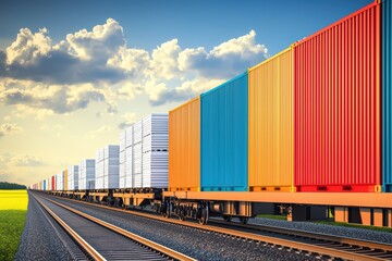 Fototapeta premium Train Transporting concept. Vibrant Freight Train Transporting Colorful Cargo Containers Through Scenic Landscape Under Dramatic Cloudy Sky