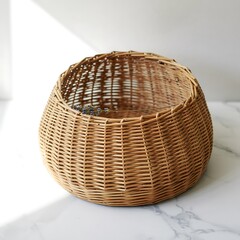 Fototapeta premium Empty Wicker Basket with Light on White Marble Surface
