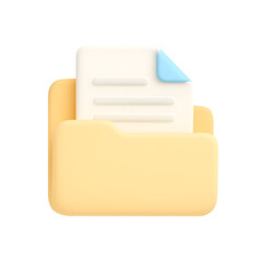 3D  yellow folder with a white document and a blue corner sticking out of it icon transparent background png
