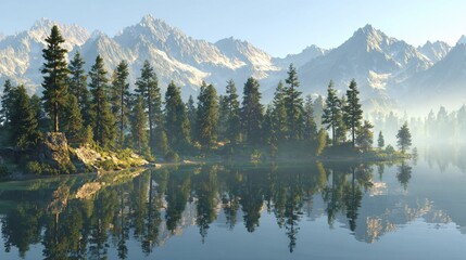Tranquil lake reflects misty mountains and forest on a clear, sunny day