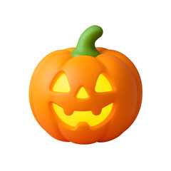 3D illuminated jack o lantern with a green stem in studio shot transparent background png