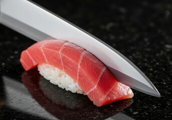 A closeup view of a tuna nigiri sushi piece being sliced by a sharp, gleaming chefs knife on a dark, reflective surface