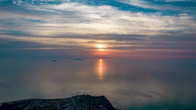 Aerial Sunrise Time-lapse Over Changdao Island Yantai Shandong China Colorful Sky Ocean View