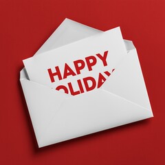 white envelope, letter reads ‘HAPPY HOLIDAYS’ in bold red 