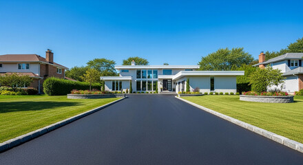 Stunning modern home with beautiful landscaping and long driveway perfect for real estate marketing and luxury lifestyle advertising campaigns