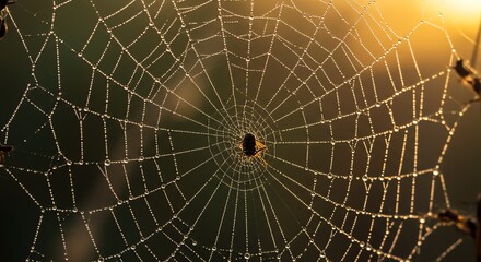 Fototapeta premium Spiderweb Covered in Dewdrops in the Morning Sunlight Close Up