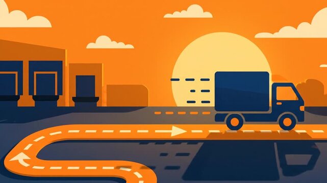 Logistics Delivery Animation Illustrating Truck Route and Modern Warehouse Concept