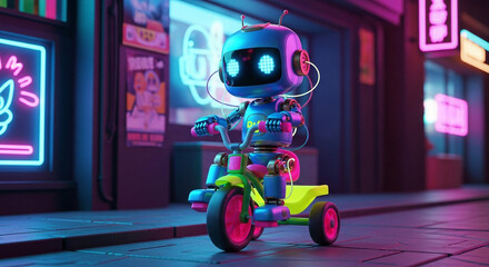 Delightful robot exploring vibrant city streets on tricycle at night with neon lights, offering a playful, futuristic and modern tech vibe
