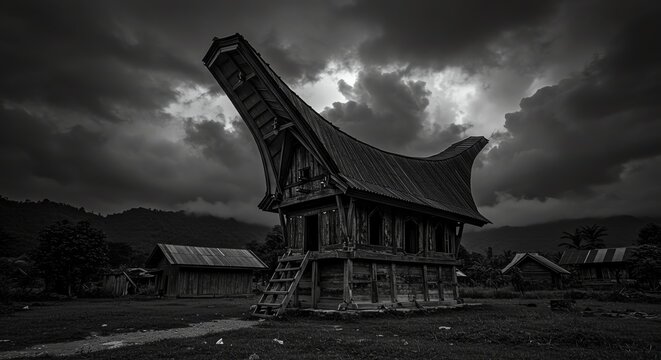 Toraja Traditional House Under A Stormy Sky Dramatic Black and White