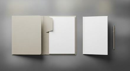 Naklejka premium Professional presentation mock up with elegant stationary and a sleek pen on gray background, ideal for showcasing your brand or design concepts