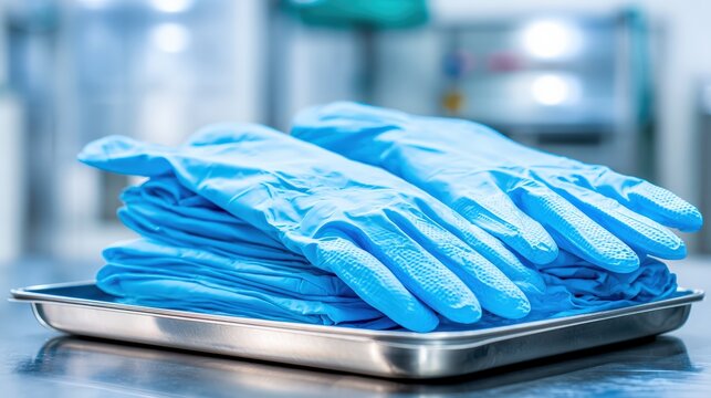 Stack of blue disposable gloves on a metal tray in a clean environment for medical or food preparation use