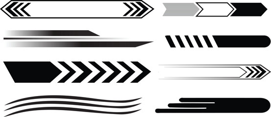 modern arrow collection with chevron stripes and directional graphic design elements set isolated on white background.