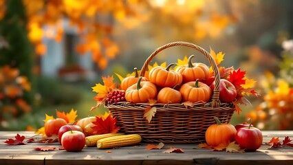 Fall pumpkins apples corn basket autumn leaves thanksgiving harvest season still life background image on transparent background