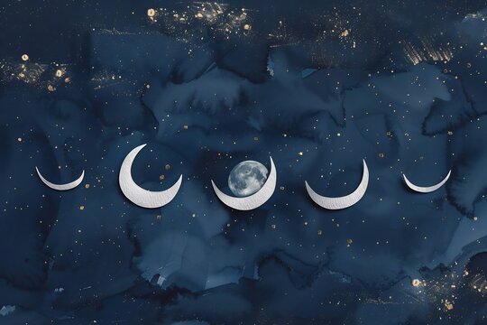 Watercolor illustration of moon phases on a dark blue background with gold stars, depicting the lunar cycle from new moon to full moon and back, creating a celestial and mystical atmosphere - Powered by Adobe