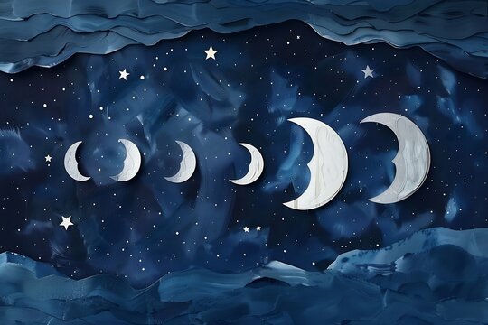 Watercolor painting of moon phases and stars on a dark blue background, depicting the lunar cycle from new moon to full moon, creating a serene and artistic night sky scene