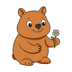 Cute cartoon wombat holding a tiny flower
