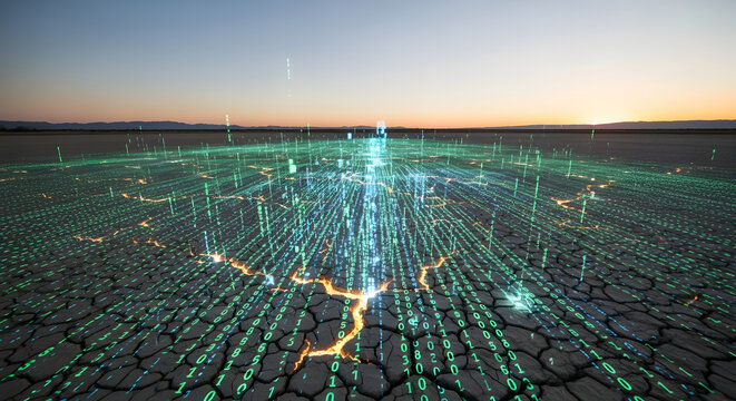 Cracked Earth Infused with Digital Data Flowing Towards Sunset
