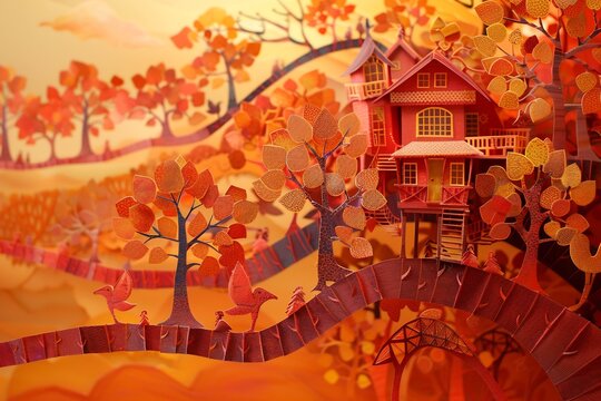 A whimsical paper art scene depicts a charming red house nestled among rolling hills and vibrant autumn foliage, with a stone bridge and playful birds adding to the idyllic and cozy atmosphere - Powered by Adobe