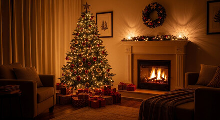 Fototapeta premium Cozy Christmas living room glows with a beautifully decorated tree, crackling fireplace, and warm gifts, creating perfect holiday ambiance for festive celebrations.